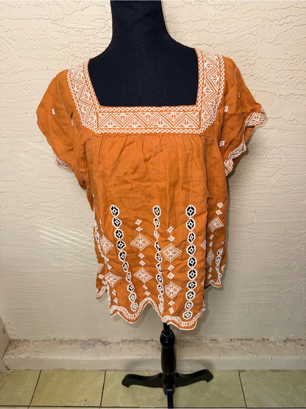 Jade Johnny Was Linen Tunic M Rust Embroidered Boho Folk Art Coastal Top